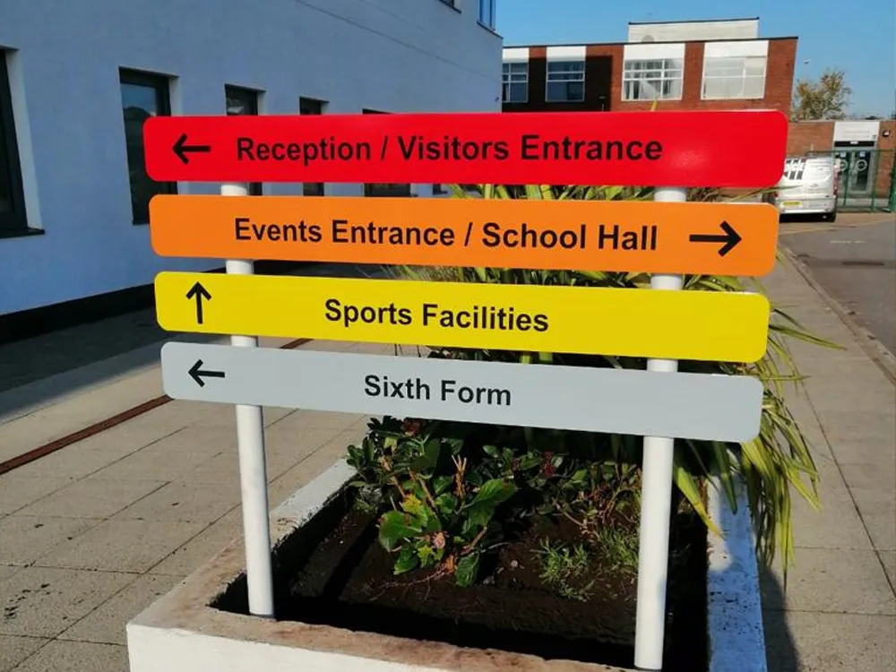 Colourful way-finding/ directional signage for Blessed Thomas Holford Catholic College, manufactured and fitted by the iBrand Signs team here in Warrington 