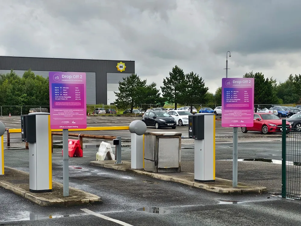 New colourful Di-bond aluminium signage for the Drop Off 2 car park at Liverpool John Lennon Airport