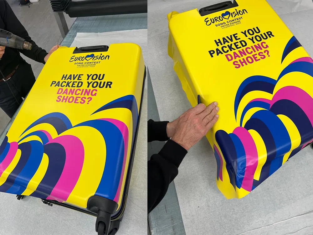 We wrapped multiple suitcases with the EuroVision branding. Look at how vibrant the colours are!