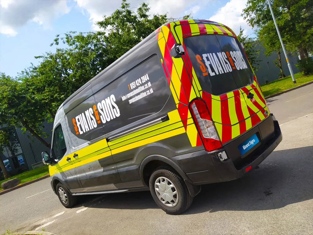 Rear and side chapter 8 chevron kit fitted for one of S Evans fleet vehicles that has been partial wrapped here at iBrand Signs, Warrington