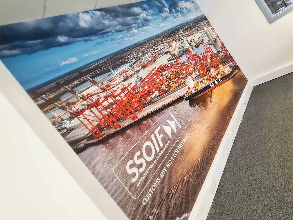 Custom printed one-piece wallpaper for SSO logistics in their offices in Haydock. Fitted by the iBrand team here in Warrington