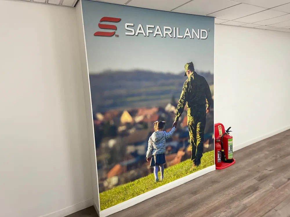 Custom printed one-piece wallpaper for this break room at Safariland in Warrington