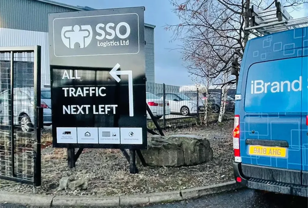 Wayfinding/ directional post and panel sign fitted for SSO Logistics, manufactured and fitted by the iBrand team in Warrington